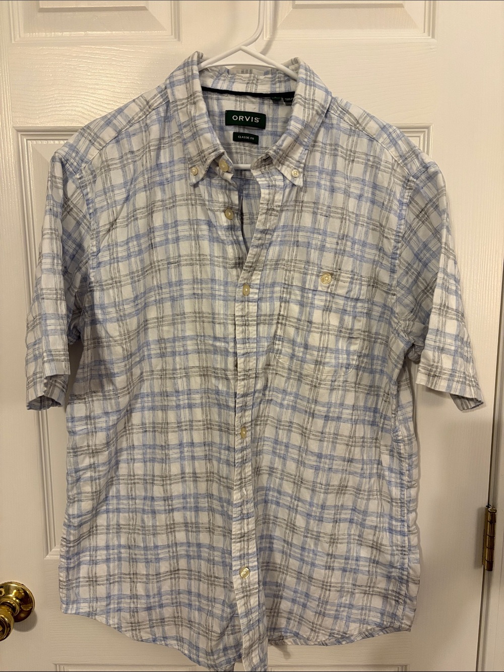 Orvis White and Light Blue Plaid Short-Sleeve Button-Down Shirt